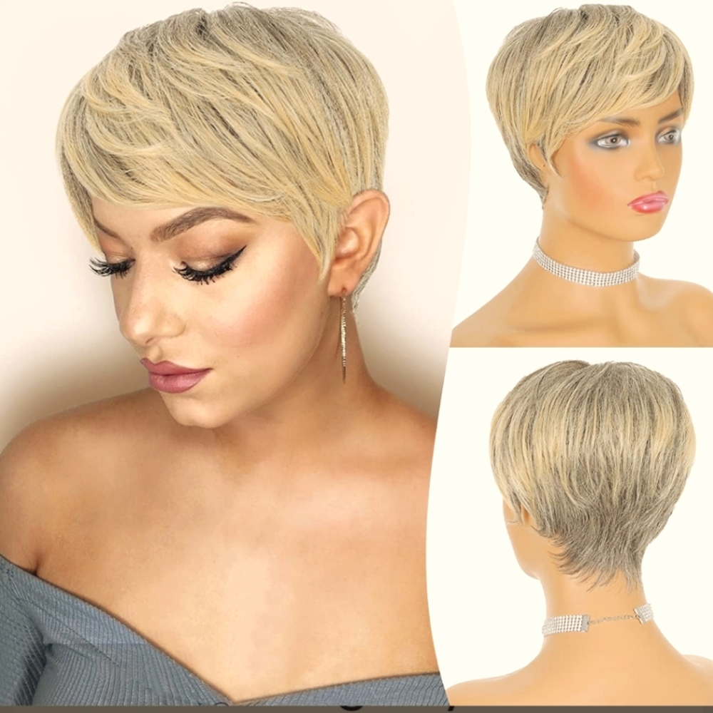 Blonde pixie cut wig.